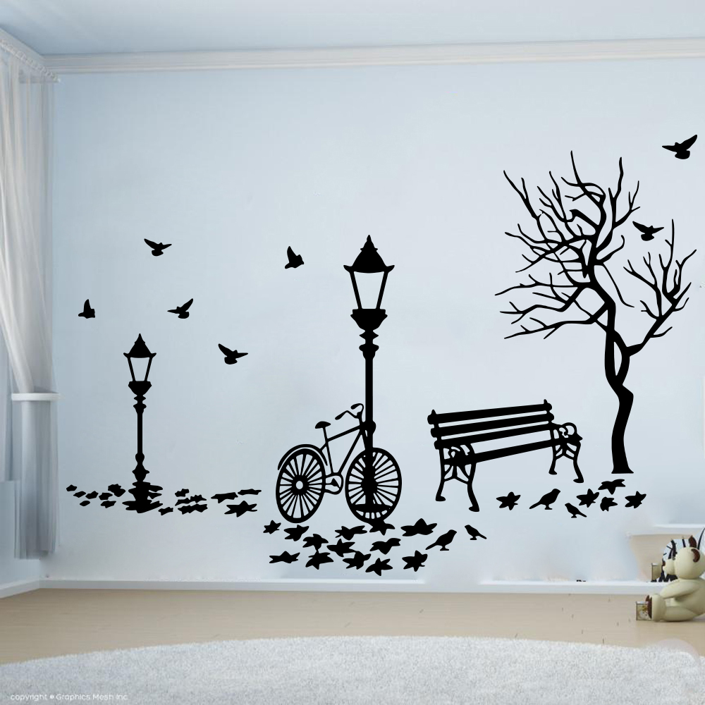 Baby Nursery Wall Lights - โมเดิร์นฤดูใบไม้ร่วงภูมิทัศน์จักรยานต้นไม้โคมไฟถนนสติ๊กเกอร์ติดผนังห้องนอนเด็ก Leaf Seat BIRD ธรรมชาติ Wall