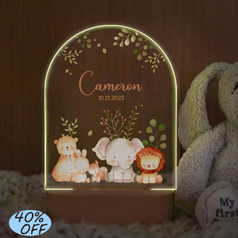Baby Nursery Boy - CUSTOM ชื่อ Baby Night Light การ์ตูนสัตว์โคมไฟอะคริลิคเด็กตกแต่งห้องคริสต์มาสของขวัญเด็กผู้หญิงไฟข้างเตียง