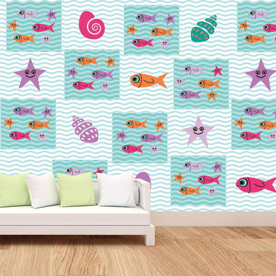 Baby Nursery Peel And Stick Wallpaper - วอลเปเปอร์ติดผนังลายการ์ตูนสำหรับห้องนั่งเล่น ตกแต่งบ้าน ห้องเด็ก ห้องนอนเด็ก ลายสัตว์ทะเล