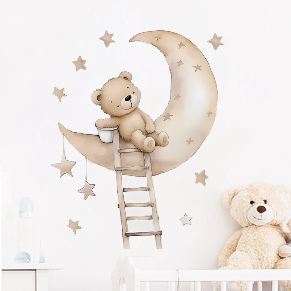 Baby Girl Nursery Quotes - หมีน่ารัก Star Cloud สติ๊กเกอร์ติดผนังสําหรับห้องพักเด็กเด็กหญิงเด็กห้องนอนตกแต่ง Kawaii การ์ตูนสัตว์วอลล์เปเปอร์ไวนิล