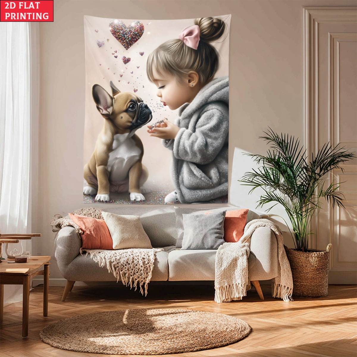 Baby Nursery Decor Girl - ผ้าแขวนผนังลายเด็กผู้หญิงกับลูกสุนัขเฟรนช์บูลด็อก น่ารัก ศิลปะสัตว์เลี้ยง ตกแต่งผนังห้องนอน ห้องเด็ก ของขวัญสำหรับเด็ก