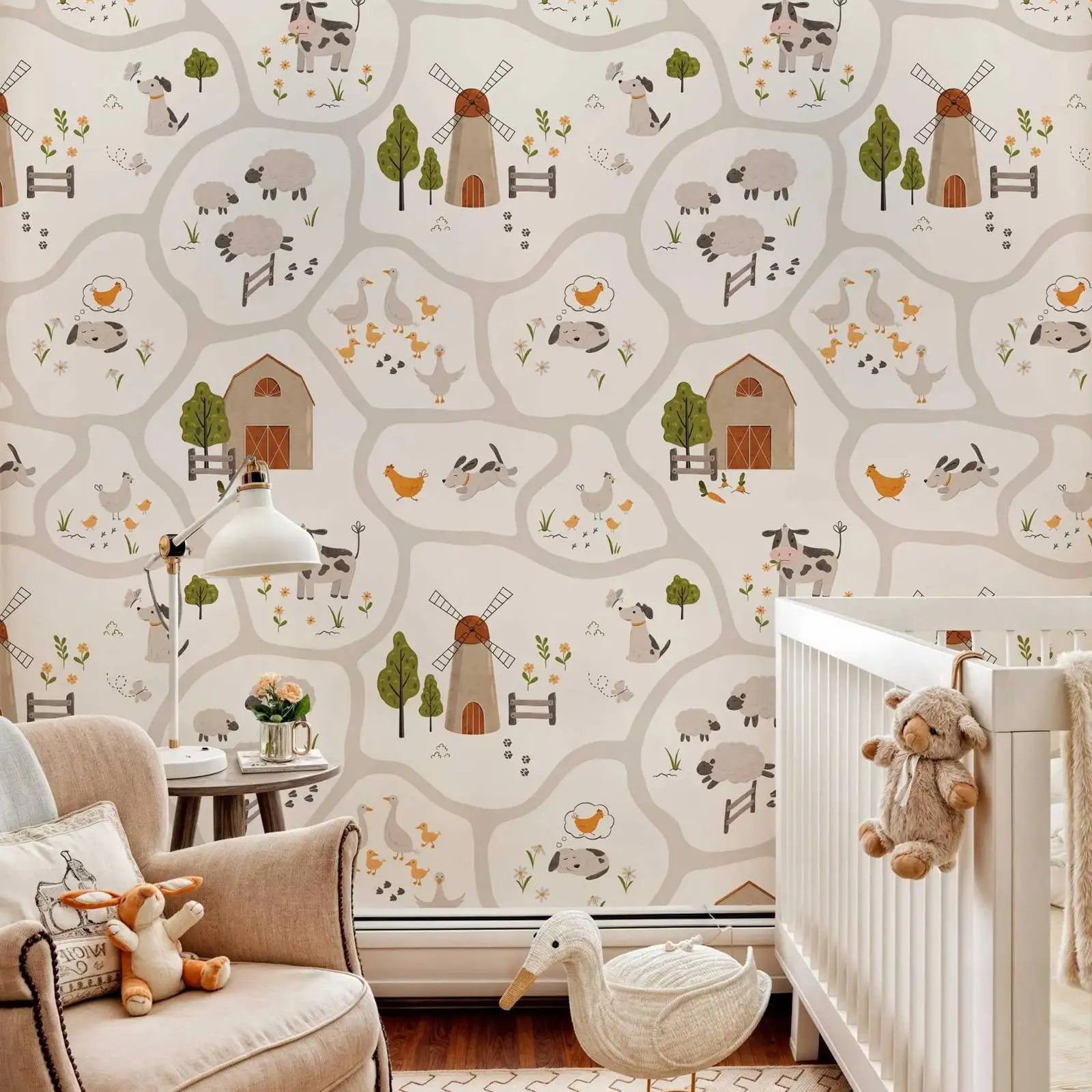 Baby Nursery Peel And Stick Wallpaper - สัตว์ฟาร์นน่ารักเด็กวอลล์เปเปอร์ลอกและติด,ตกแต่งผนังเนอสเซอรี่,ฟาร์มเฮาส์เด็กทารกวอลเปเปอร์,มีกาวในตัวหรือแบบดั้งเดิม