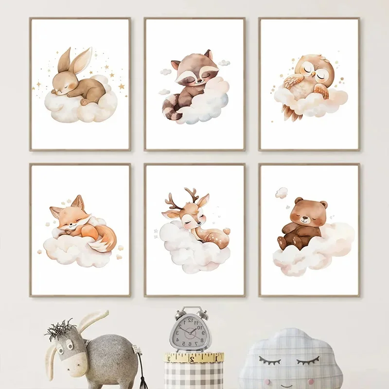 Baby Nursery Frames - การ์ตูน Cloud สัตว์ภาพวาดผ้าใบ Wall Art น่ารัก