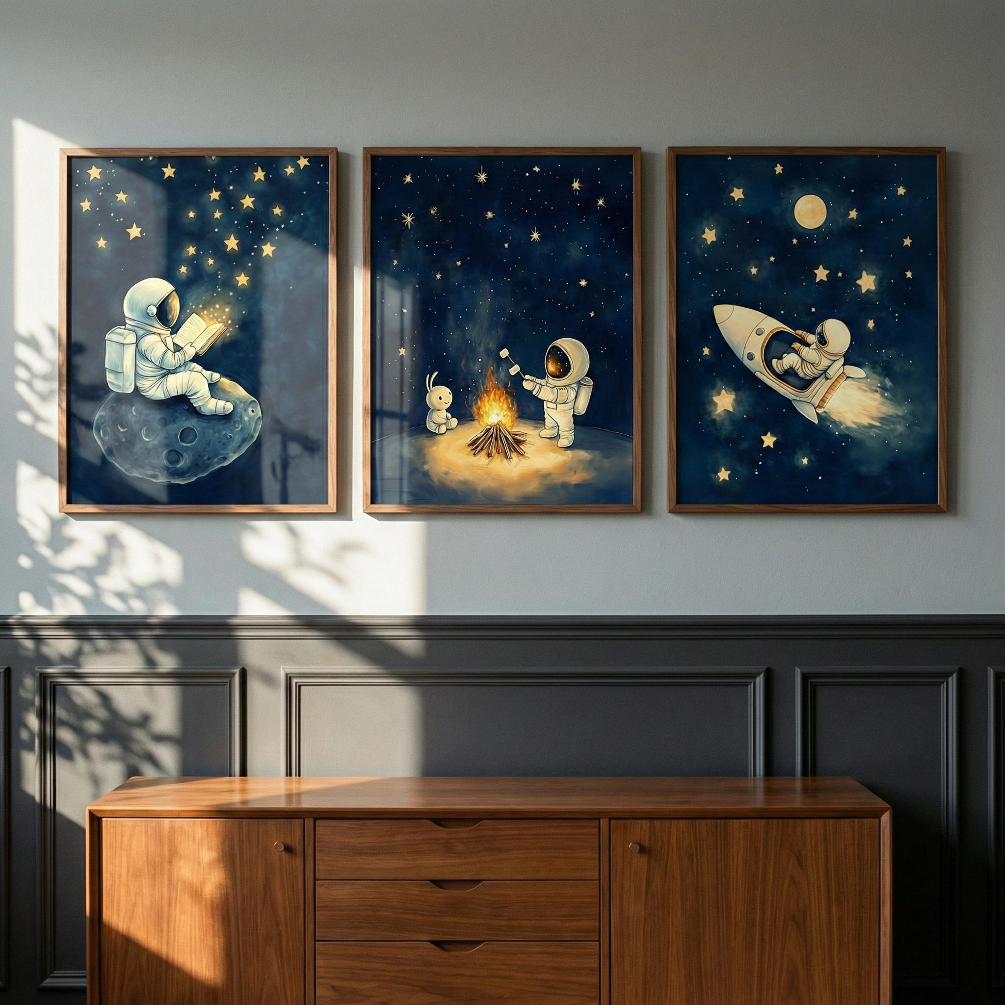 Baby Nursery Frames - ชุดภาพศิลปะติดผนังนักบินอวกาศ 3 ชิ้น ชุดตกแต่งห้องเด็กแนวอวกาศสุดน่ารัก ภาพศิลปะนักบินอวกาศสำหรับห้องเด็ก ภาพศิลปะจรวด