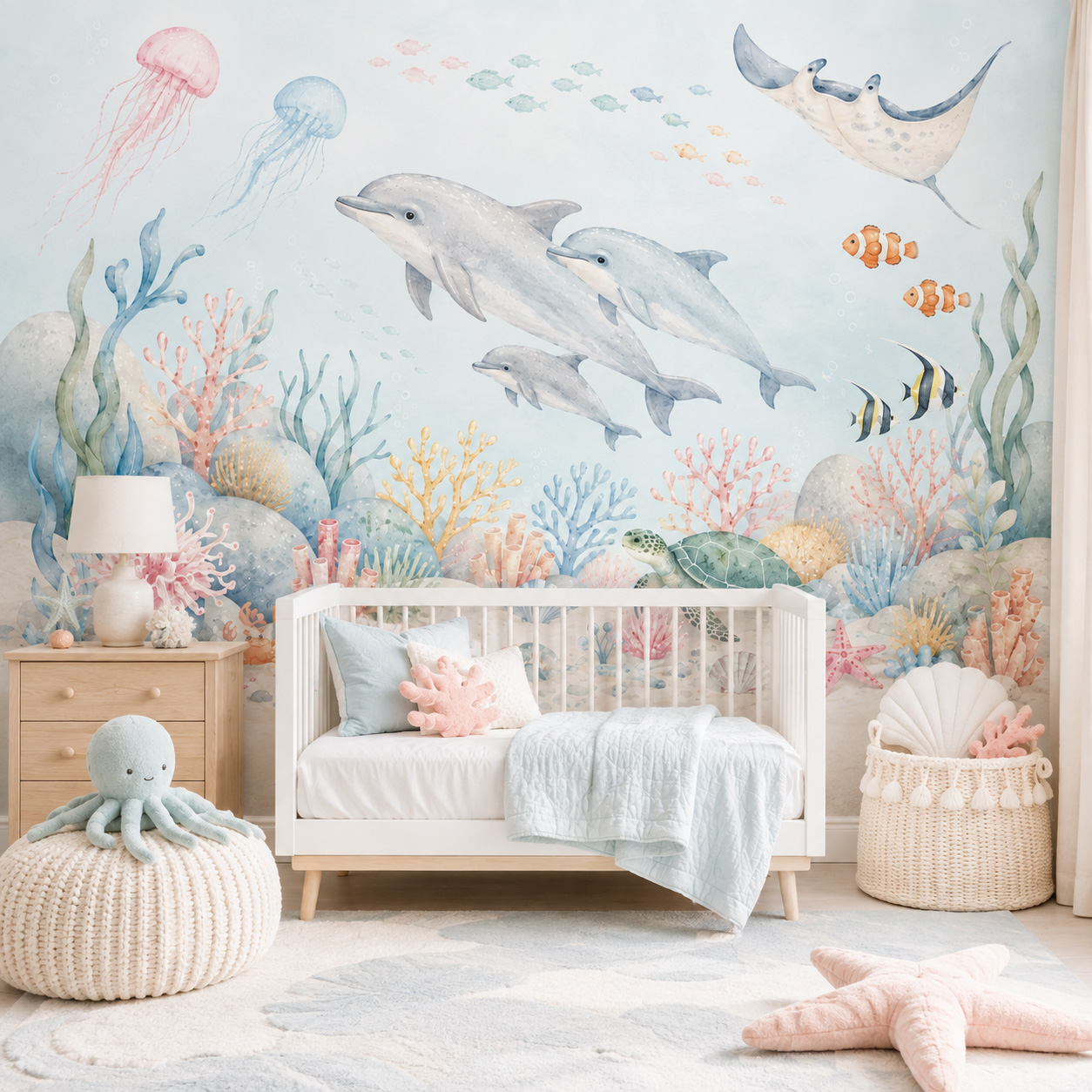 Baby Nursery Peel And Stick Wallpaper - วอลเปเปอร์ลายสัตว์ทะเลใต้ทะเลแบบมีกาวในตัว ลายโลมาระบบปะการัง ตกแต่งผนังแบบลอกแล้วติด สำหรับห้องนอนเด็ก ห้องเด็กเล็ก และห้องตกแต่งสำหรับทารก