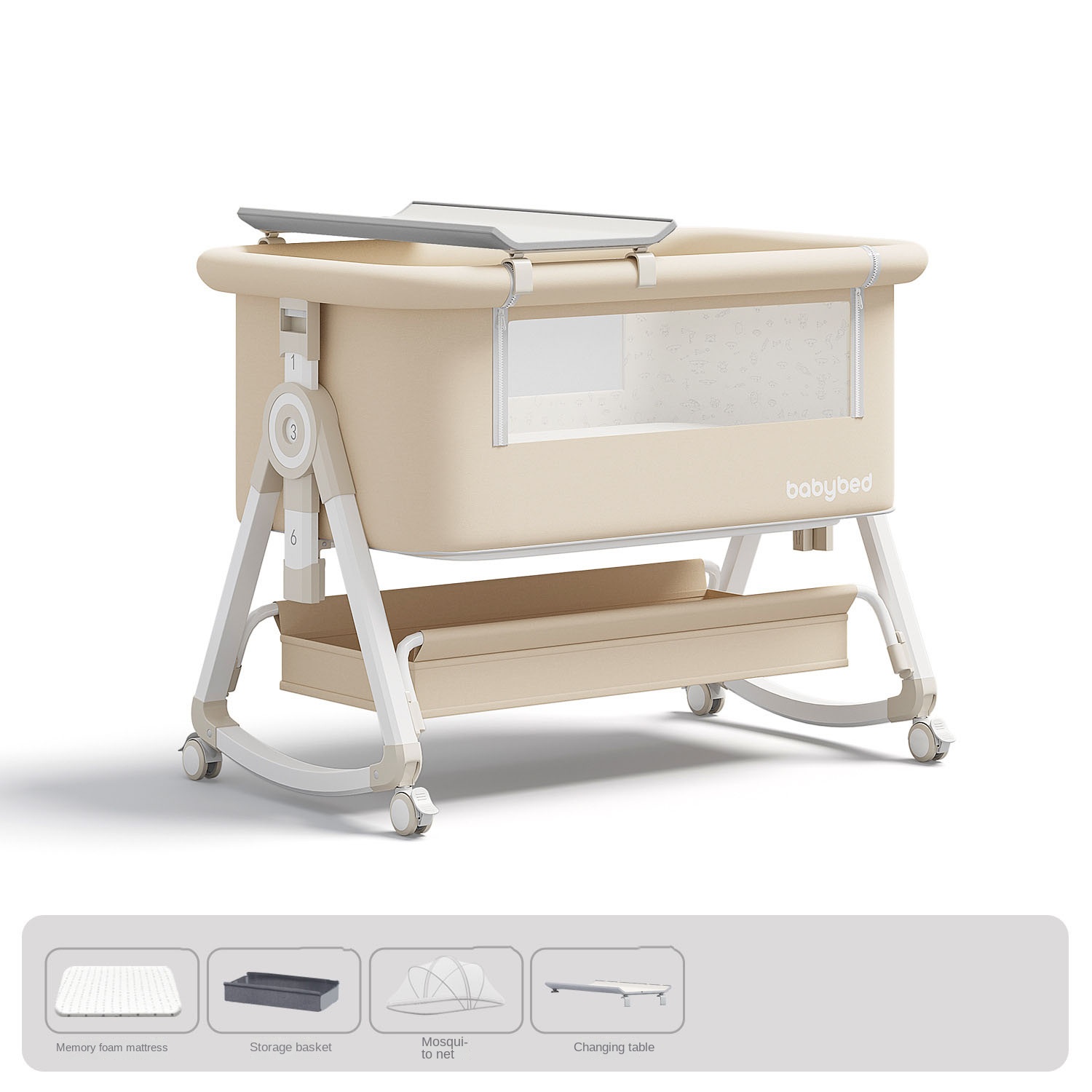 Baby Nursery Trolley - เปลเด็กอ่อนแบบพกพา ปรับระดับได้ พับเก็บได้ พร้อมที่นอน ล้อเลื่อน ตะกร้าเก็บของ