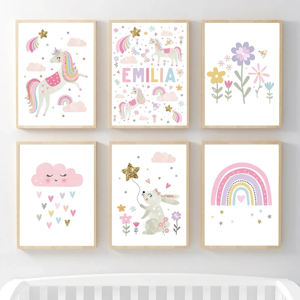 Baby Nursery Decor Girl - สีชมพูยูนิคอร์นกระต่ายสายรุ้งเมฆดอกไม้ศิลปะบนผนังสำหรับสถานรับเลี้ยงเด็กภาพวาดผ้าใบโปสเตอร์และภาพพิมพ์ภาพติดผนังเด็กทารกตกแต่งห้อง