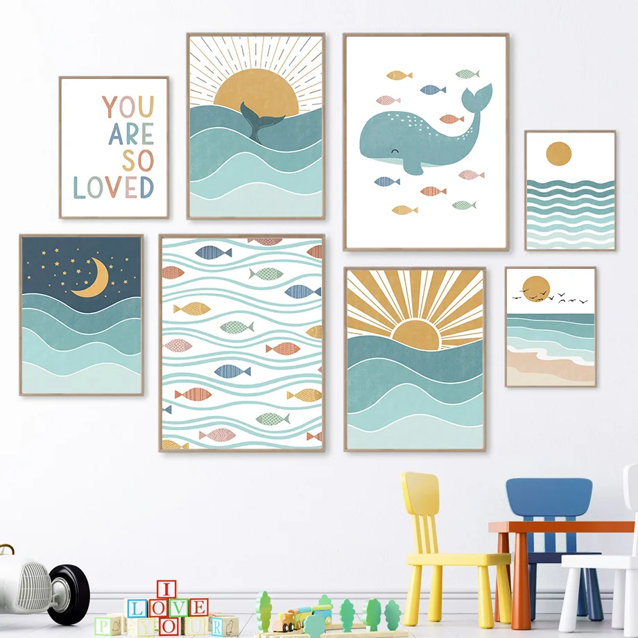 Baby Girl Nursery Quotes - 1 ชิ้น ภาพพิมพ์บนผ้าใบ ไร้กรอบ ลายปลา วาฬ