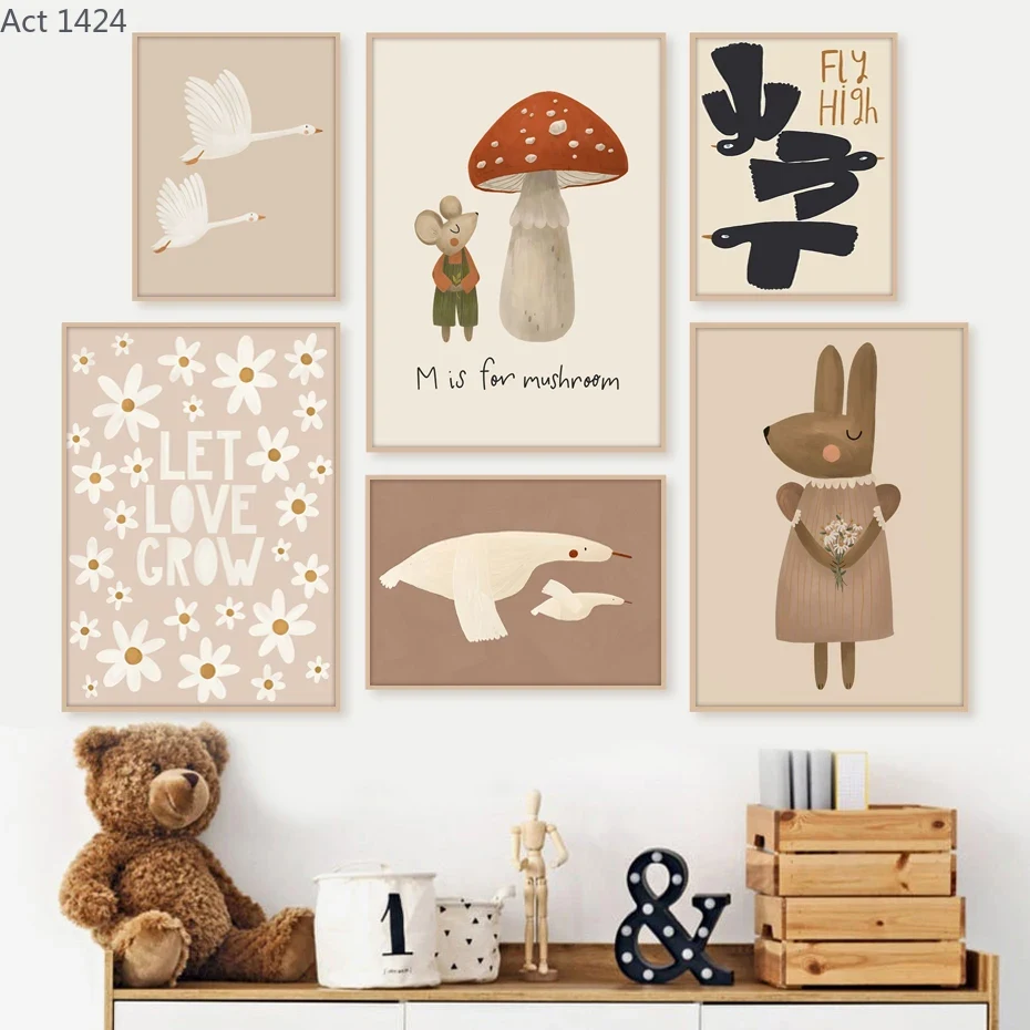 Baby Nursery Frames - โปสเตอร์การ์ตูนโบโฮ กระต่าย หนู ห่าน ภาพวาดบนผ้าแคนวาส ตกแต่งผนังห้องเด็ก